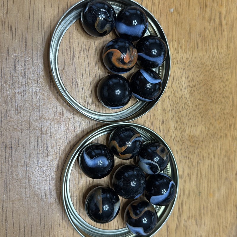 Vintage Lot Of 13 Black With White and Orange Swirl Shooter Marbles 5/8”