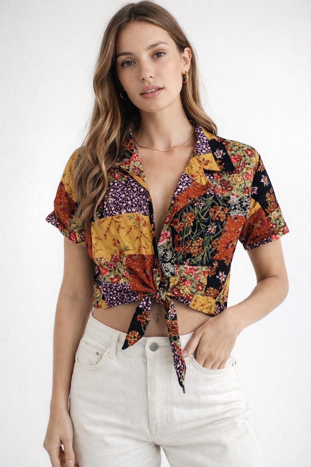 Vintage Taurus 2 Patchwork Floral Tie Front Crop Top Shirt Size 10 90's Boho