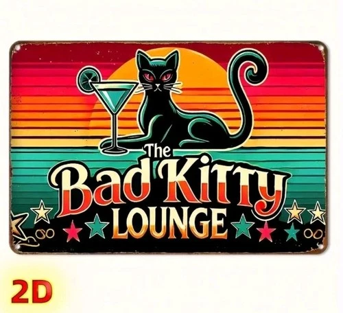 Vintage Retro Black Cat Martini Tin Sign Bad Kitty Lounge Metal Wall Decor 8x12