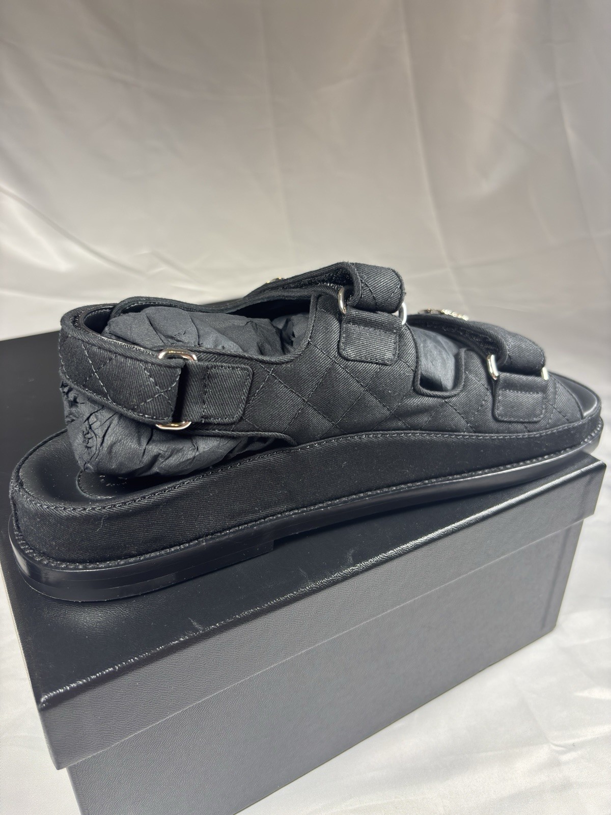 Chanel Sandals Strap Quilted Nylon Twill CC Rare 100percent Authentic 38.5 EU NEW image 8