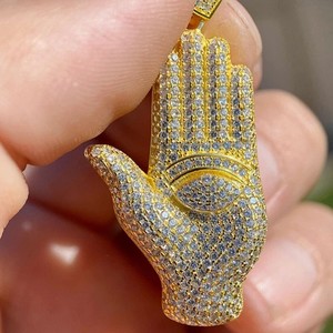 Authentic 3.00Ct Lab Created Diamond Hamsa Hand Evil Eye Pendant 14K Yellow Gold Plated
