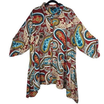 Melissa Paige Woman 3X Button Up Tunic Blouse Paisley Roll Tab Sharkbite Hem