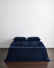 100 % Navy  Blue  Linen  flat sheet king queen twin and other sizes 3 Piec Set