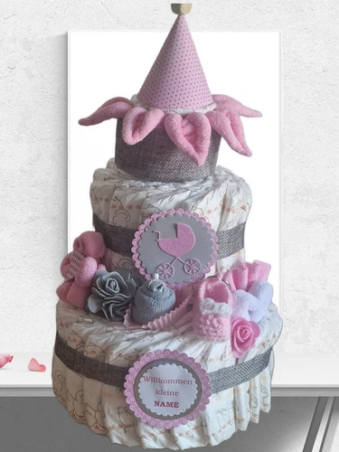 Windeltorte rosa Mädchen personalisiert Mini Babyschuhe Schlüsselanhänger Herzen