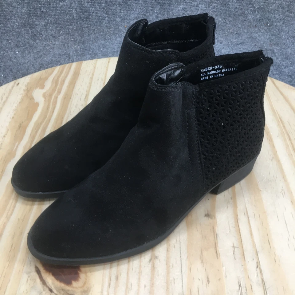 Botas de bambú para mujer 6,5 botín al tobillo negro cremallera trasera bloque tacones punta almendra Foto 3 de 4