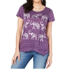 Style & Co Womens Petite PM Purple Rule Elephants T-Shirt Top NWT CE70