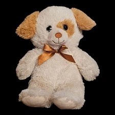HugFun Plush 11" Puppy Dog White Tan Brown Ribbon Stuffed Animal Soft Small Hug 