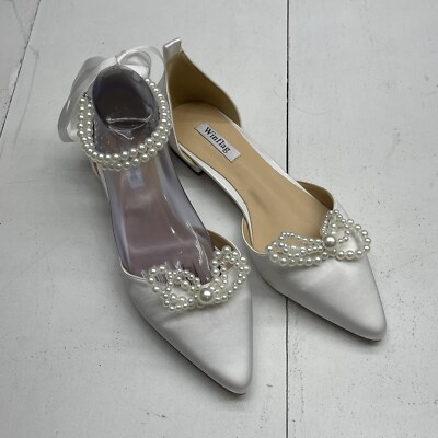 Winflag White Satin Pearl Pointed Toe Flat Weeding Bridal Shoes