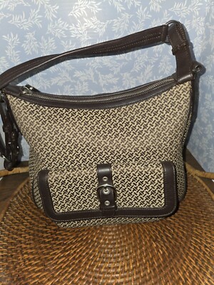 talbots handbag Tan Brown Cotton Mix Leather Shoulder Strap Jacquard Boho Chic 