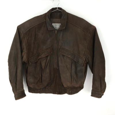 Vintage Expedition by Robert Comstock Bomber Jacket Brown Leather Pockets Men 42
