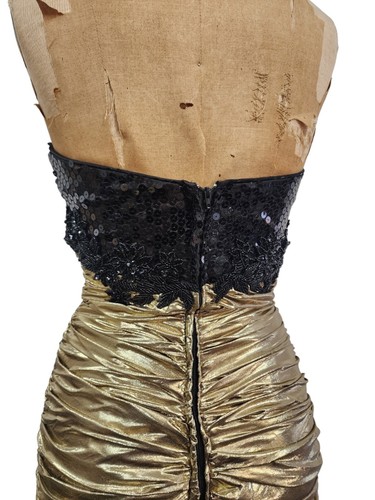 Vtg 80s Prom Dress XS Mermaid Gold Lame Halter Metallic Ruched Pageant Gown - Picture 11 of 19