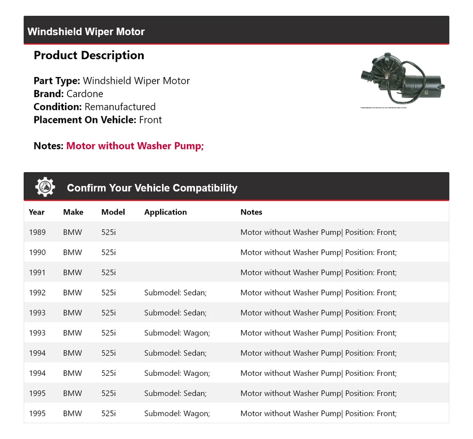 Para BMW 525i 1989-1995 Limpiaparabrisas Motor Delantero Cardone 1990 1991 1992 1993 Foto 2 de 4