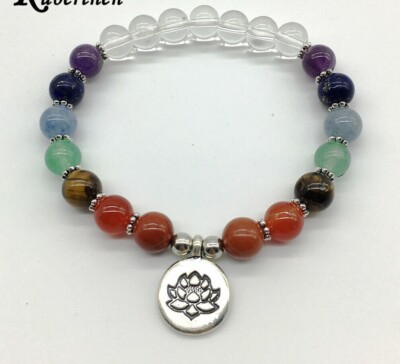 Natürlicher Edelstein 7 Chakra Steine Perlen Stapel Freundschaftsarmband Lotus Charm