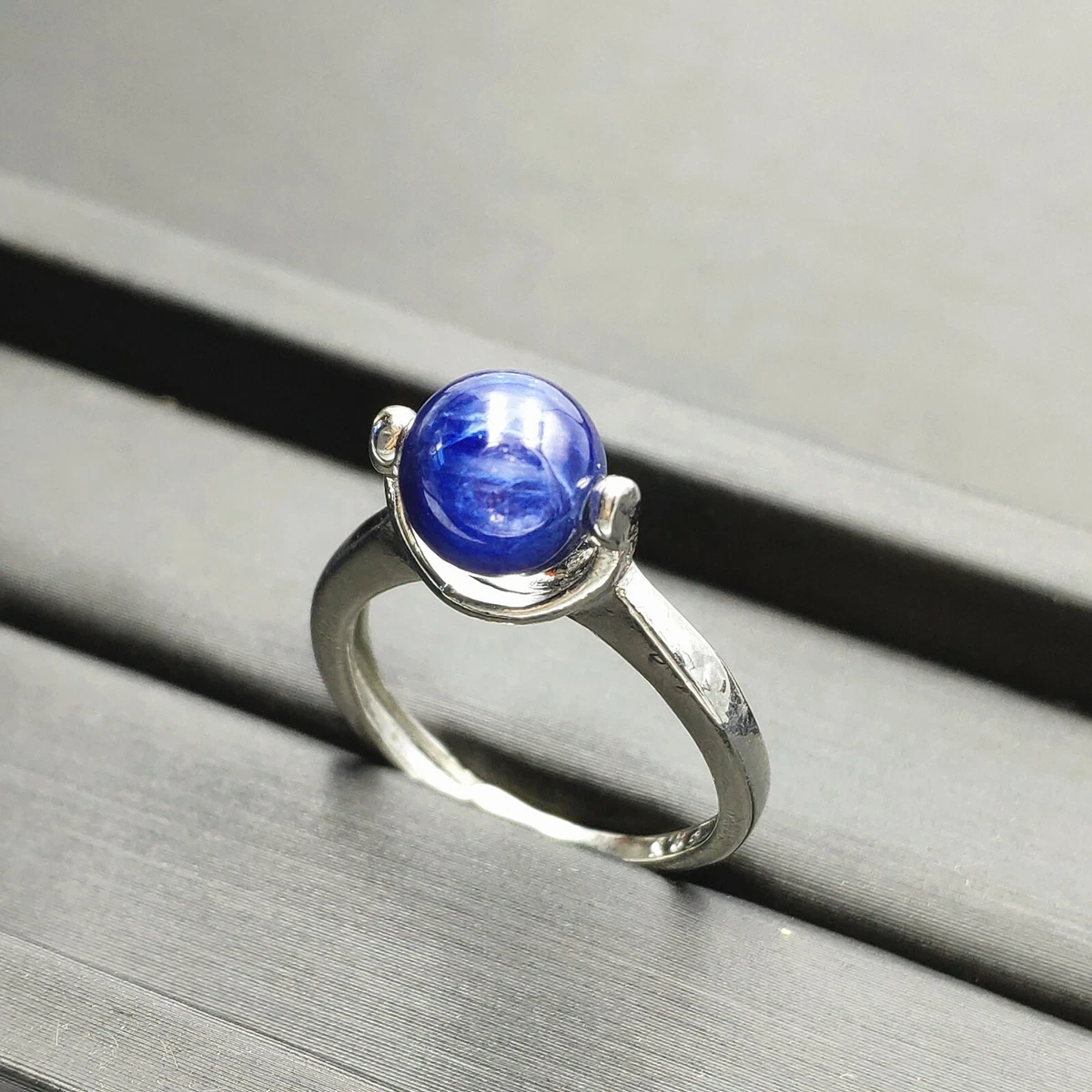 Natural Kyanite Blue Cat Eye Gemstone Adjustable Sphere Ball Ring