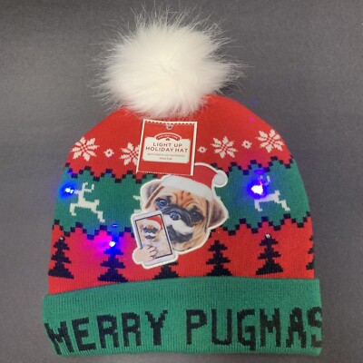 NWT - Merry Pugmas Christmas Light Up Hat Pug Dog Stocking Cap Beanie Holiday