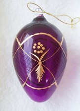 Christmas Ornament Purple Etched Gilded Gold Painted Blown Glass Egg Shape