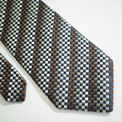 XMI Platinum Brown Gradient Geometric Woven Striped Wide Silk Tie Italy USA