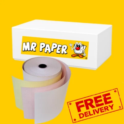 MR PAPER 76mm - 76mm 3 Ply White / Pink / Yellow Till Rolls - Box of 20 Rolls