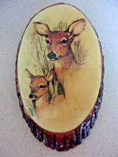 Vintage Paul Whitney Deer  Pine Slab plaque  picture with bark 11" Doe Fawn