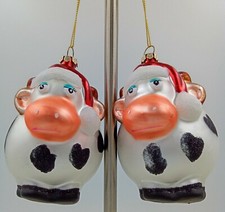 Black  White Cows w Santa Hats, Blue Eyelids, Big Noses Ornaments 5" Set of 2