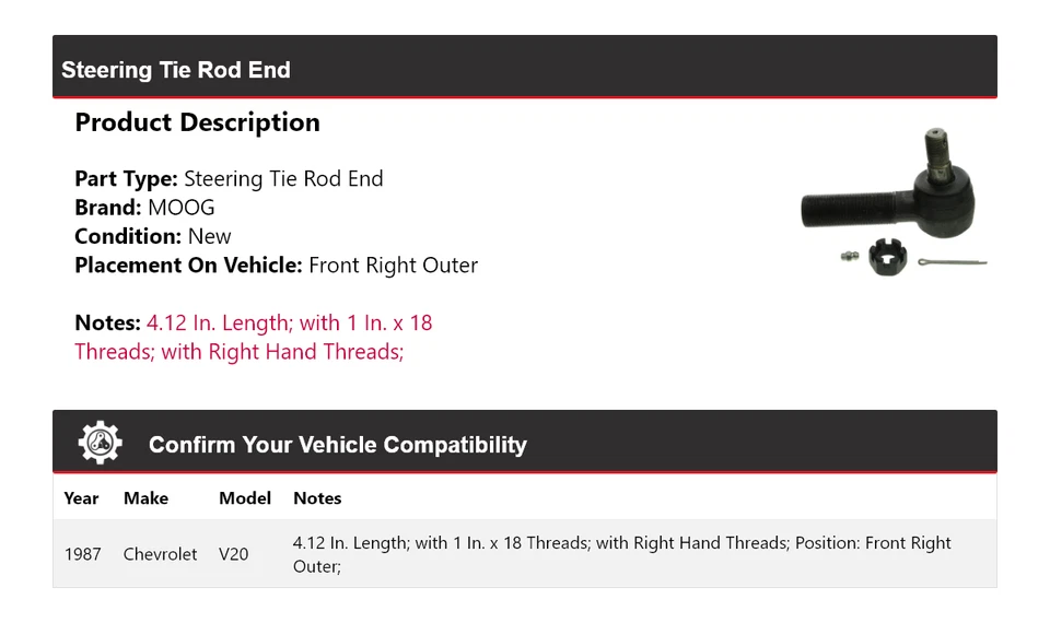 Para Chevrolet V20 1987 extremo de barra de dirección delantera derecha exterior MOOG Foto 2 de 4
