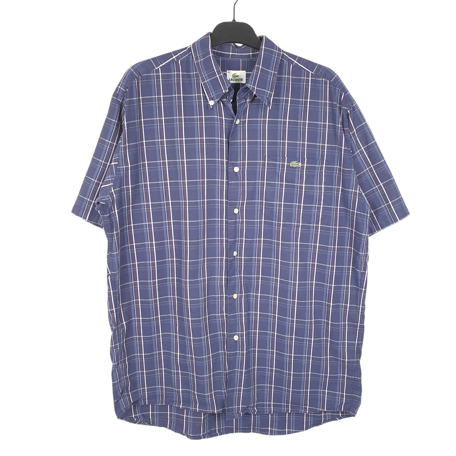 LACOSTE Blue Check Shirt Short Sleeve Casual Cotton Mens L