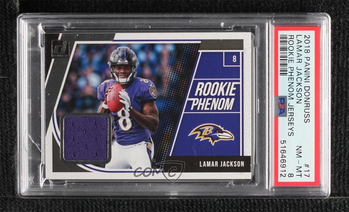 2018 Panini Donruss Rookie Phenom Jerseys Lamar Jackson #17 PSA 8 0n64