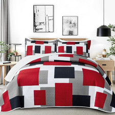 3 Piece King Quilt Set Red Black Grey Geometric Microfiber Coverlet Shams