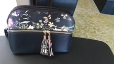 DASEIN WOMEN TASSLE CROSSBODY 2 COMPARTMENT PURSE BLACK WITH COLORFUL FLOWERS