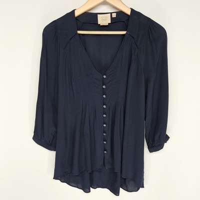 Vanessa Virginia Blouse Women 0 Navy Blue Button Front V-Neck Anthropologie
