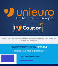 Unieuro Buono Sconto 5% Coupon valido su tutto anche Black Friday iPhone 17
