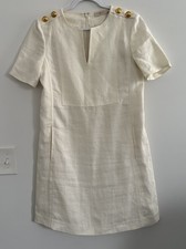 Tory Burch Women’s 100% Linen Cream/White Classy Gold Buttons Midi Dress Sz6