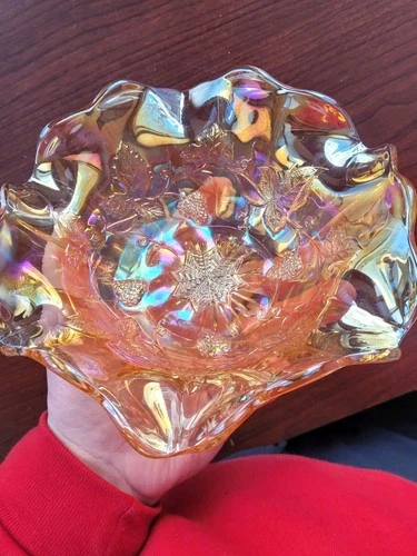 Pastel Marigold Millersburg Carnival Glass Grape Wreath Pattern Ruffled Bowl