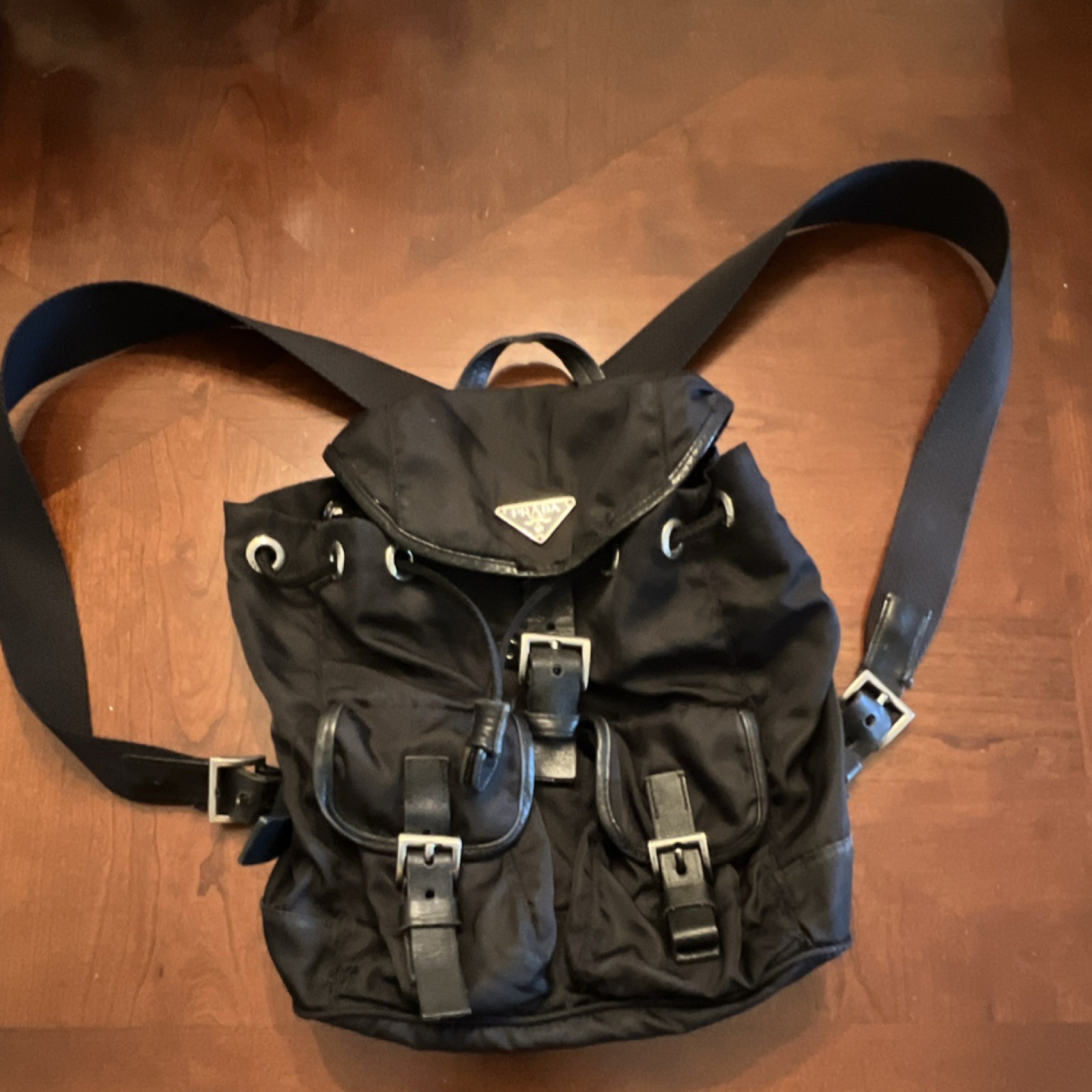 PRADA Black Backpack Buckle Accent Adjustable Strap Drawstring Silver Hardware