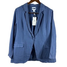 Halston Women's Jacket Blue 100 Linen Single Button Back Vent Blazer Size XL