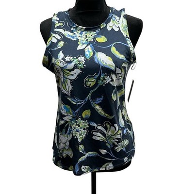 Chaus Women s Small Blouse floral Print High Neck Sleeveless Back Slit Blue NWT