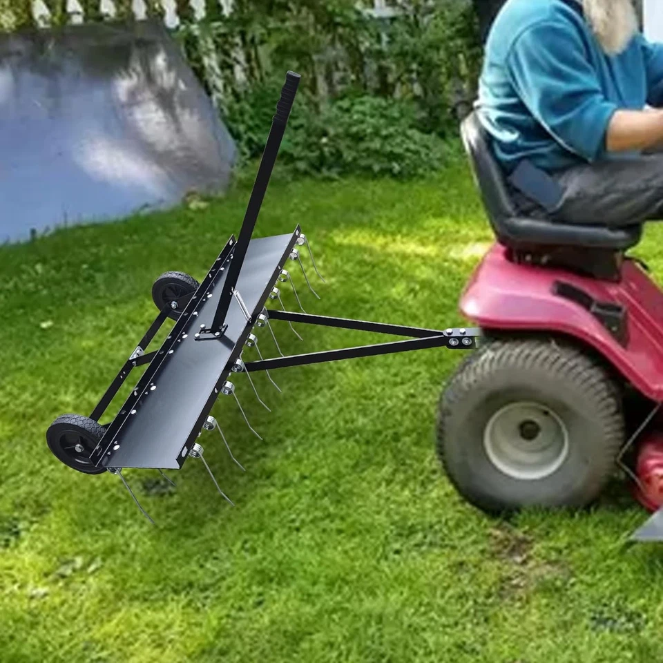 Rastrillo de césped de 48 pulgadas con 24 dientes de acero de resorte y mango de elevación Foto 2 de 4