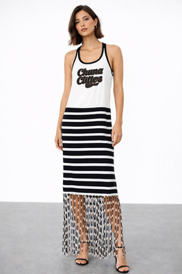 NWT ZARA x Chupa Chups Striped Maxi Dress Fringe Hem Racerback Graphic Logo S