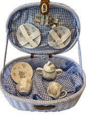 Vintage Wicker Delton Mini Porcelain Tea Set With Blue Hydrangea Pattern 10 Pc.