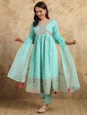 Rayon Slub Embroidered Kurti With Pant  Organza Dupatta Foil Work Set Women