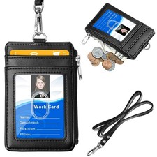 ELV Badge Holder with Zipper, PU Leather ID Card Wallet Black