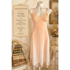 Vintage Shadowline Full Peach Slip Lace Bodice Scalloped 1980s Nylon Size 36