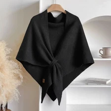 Black Knit Triangle Poncho Cape Shawl Wrap Fringe One Size Winter Fall Cozy Warm