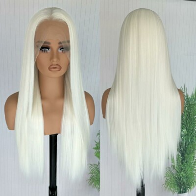WHITE Blonde Platinum Wig HD Front Lace Human Hair Blend Long Straight Blond