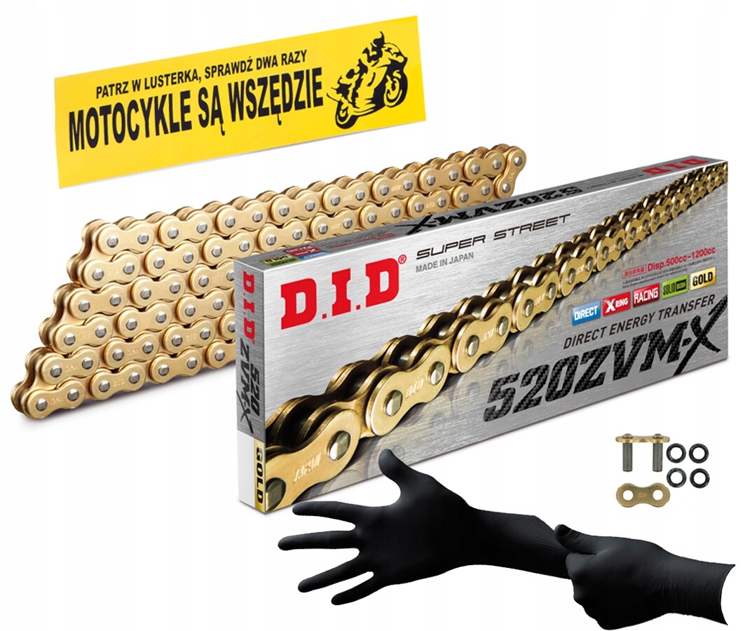 Chaîne DID 520 ZVMX dorée 102 maillons avec attache pour moto