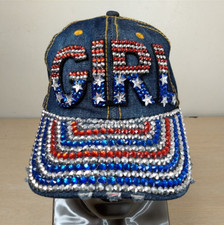 GIRL ADJUSTABLE STRAPBACK HAT/CAP, DENIM, RED/WHITE/BLUE, STARS/STRIPES, SPARKLE