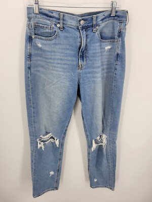 American Eagle Mom Jeans Womens 8 Regular Distressed Grunge High Rise Blue Denim