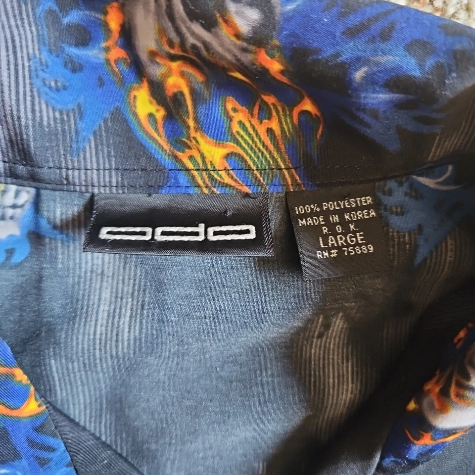 ODO Shirt Mens Large Flaming Skulls Y2K Goth Bowling Camp - Image 3 of 4