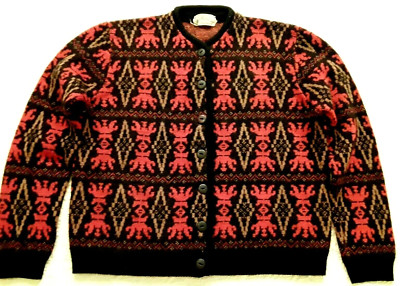Vtg 60s Garland Sweater Wms M-L Cardigan Red Black Aztec Native Jacquard Knit