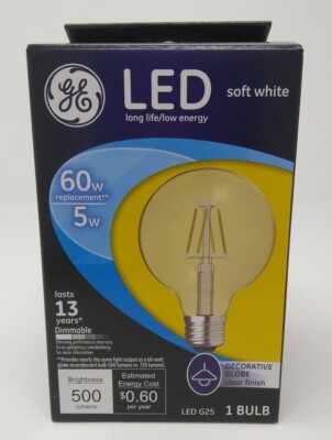 GE G25 LED Globe Light Bulb Clear Finish Soft White 5 Watts 500 Lumens 24601